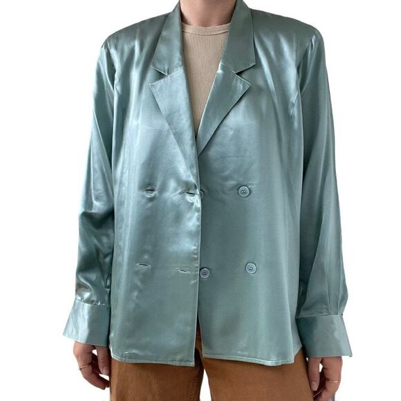 Vintage 80s Womens Blue Double Breasted 100% Silk Preppy Sexy Blouse Sz L - Picture 9 of 13